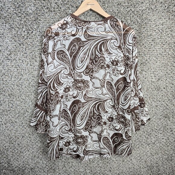 Susan Graver Top Womens Plus 1X Brown V Neck Paisley Print Sheer Blouse Ladies - Picture 7 of 7
